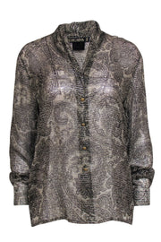 Current Boutique-Escada - Olive, Black, & Silver Paisley Print Semi-Sheer Blouse Sz 6