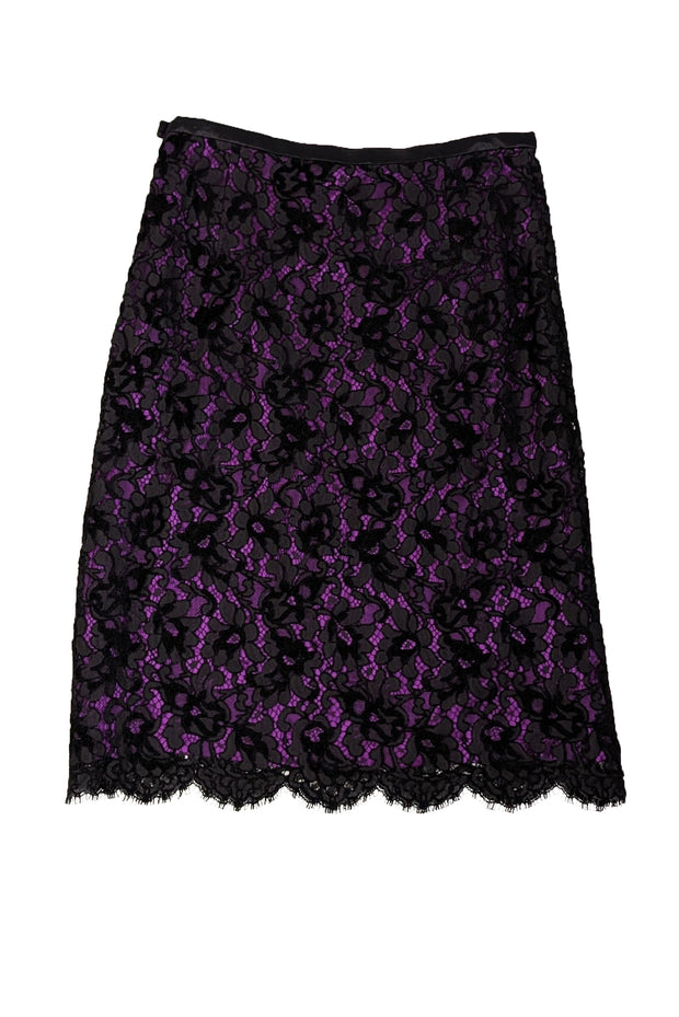 Current Boutique-Escada - Purple Silk Skirt w/ Black Lace Overlay Sz 12