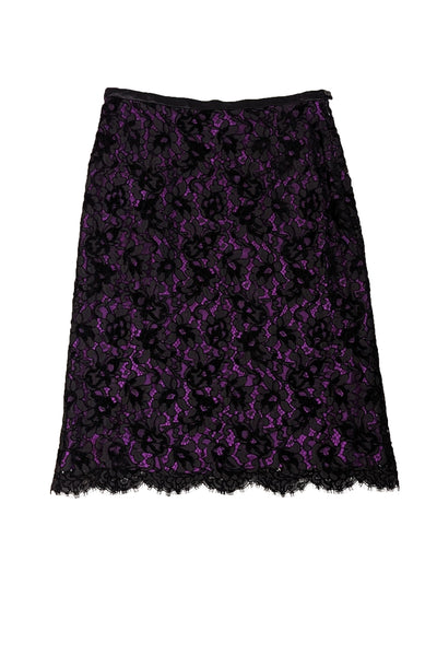 Current Boutique-Escada - Purple Silk Skirt w/ Black Lace Overlay Sz 12