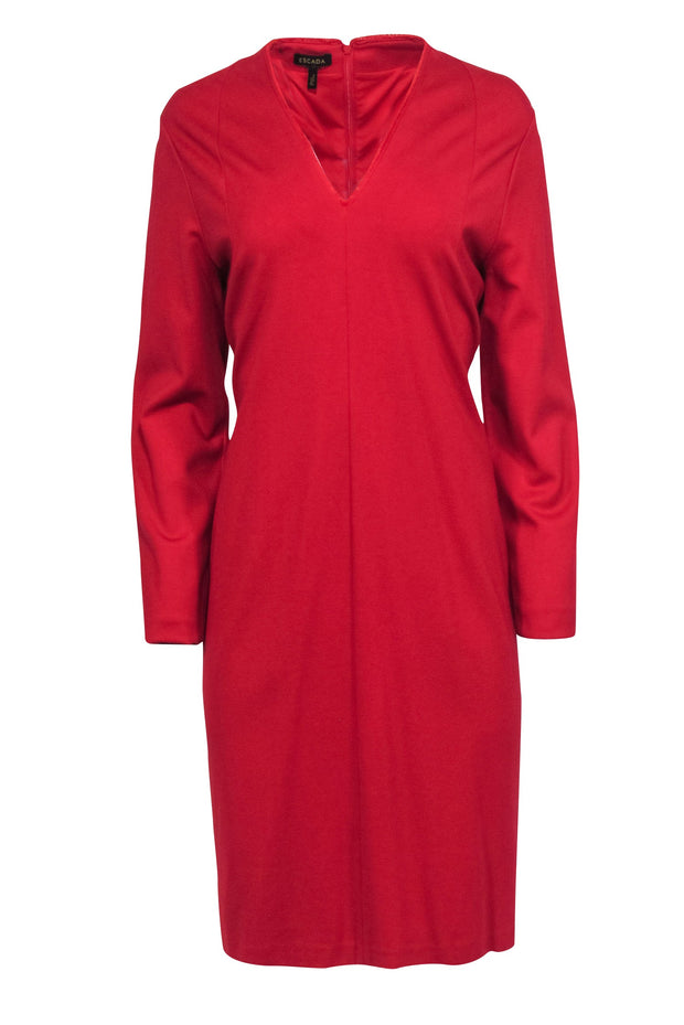 Current Boutique-Escada - Red Long Sleeve Midi Dress w/ Frayed Neckline Sz L