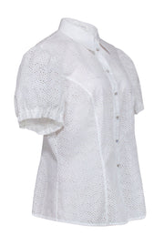 Current Boutique-Escada - White Eyelet Short Sleeve Button Down Shirt Sz 14