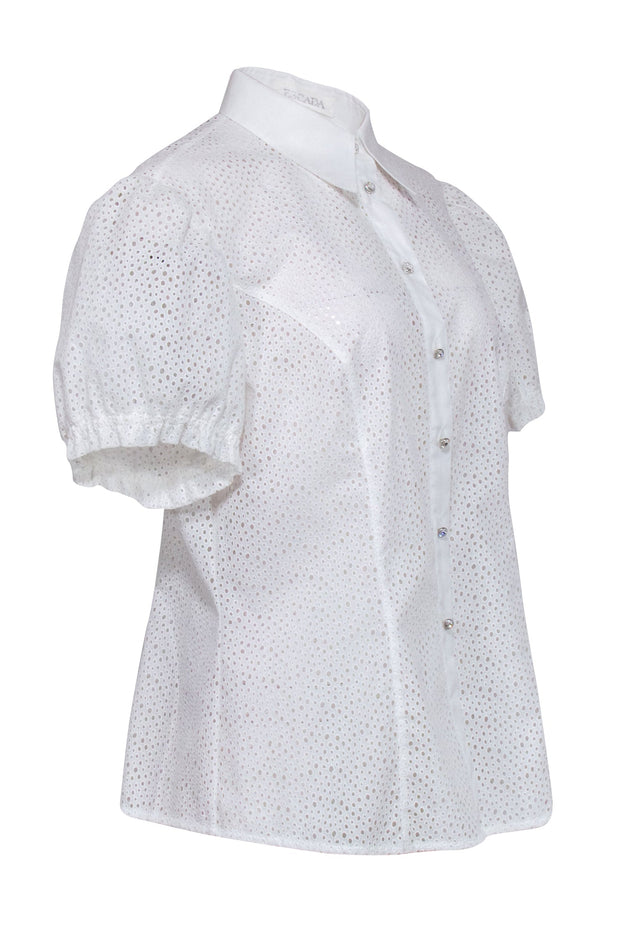 Current Boutique-Escada - White Eyelet Short Sleeve Button Down Shirt Sz 14