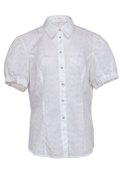 Current Boutique-Escada - White Eyelet Short Sleeve Button Down Shirt Sz 14