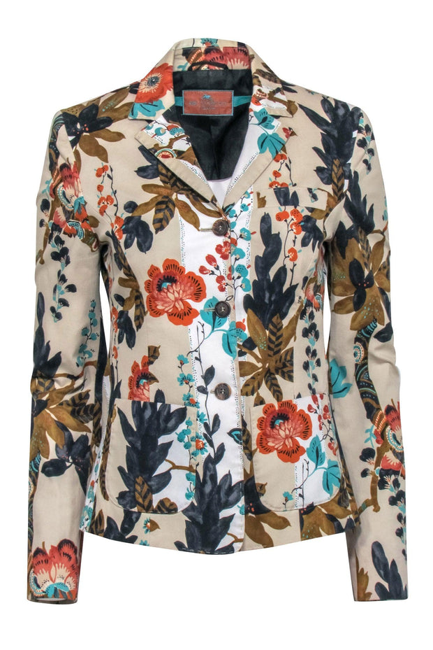 Current Boutique-Etro - Beige w/ Orange, Grey, & Teal Floral Print Blazer Sz 4