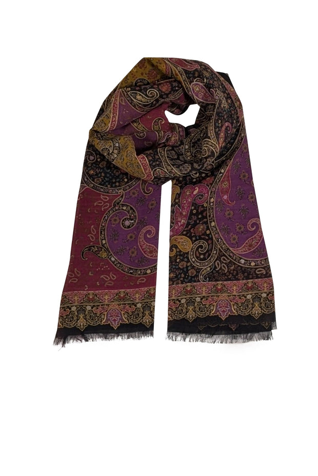 Current Boutique-Etro - Magenta, Purple, Black, & Tan Paisley Print Silk Scarf