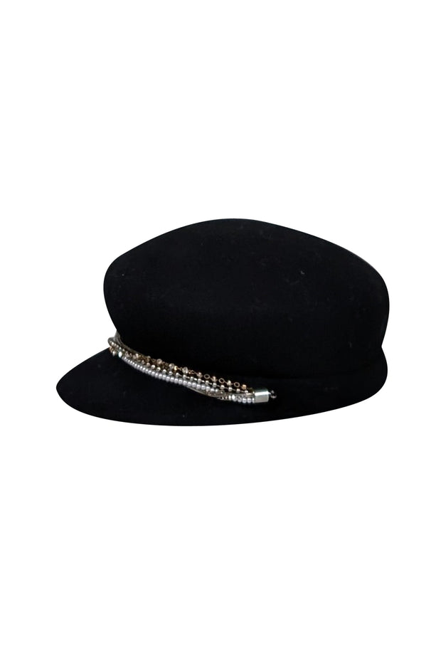 Current Boutique-Eugenia Kim - Black Wool Cap w/ Mixed Pearl Chain