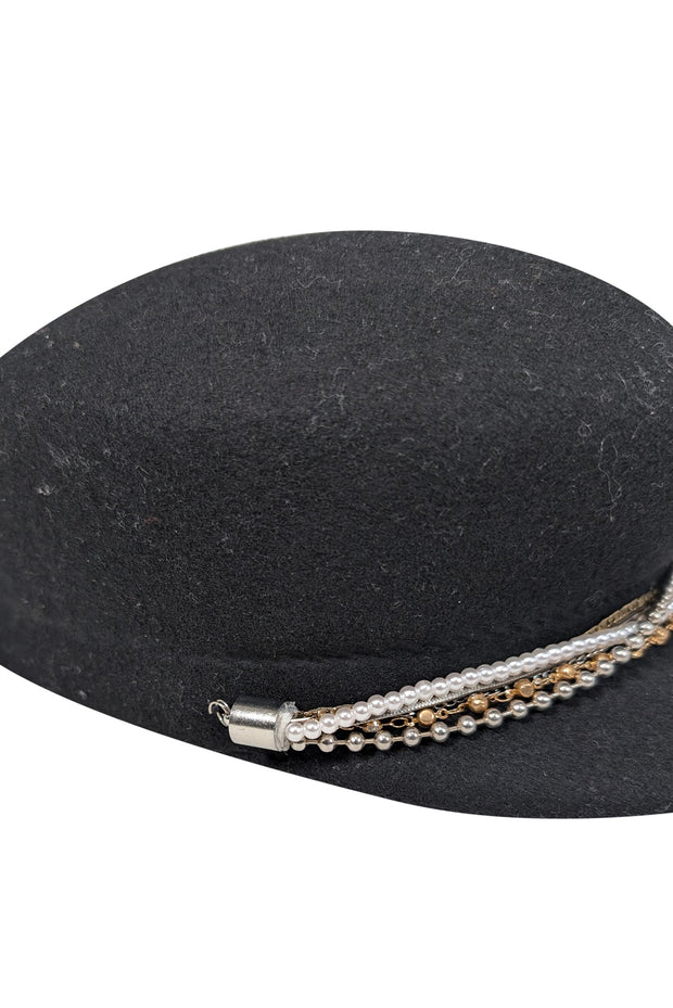 Current Boutique-Eugenia Kim - Black Wool Cap w/ Mixed Pearl Chain