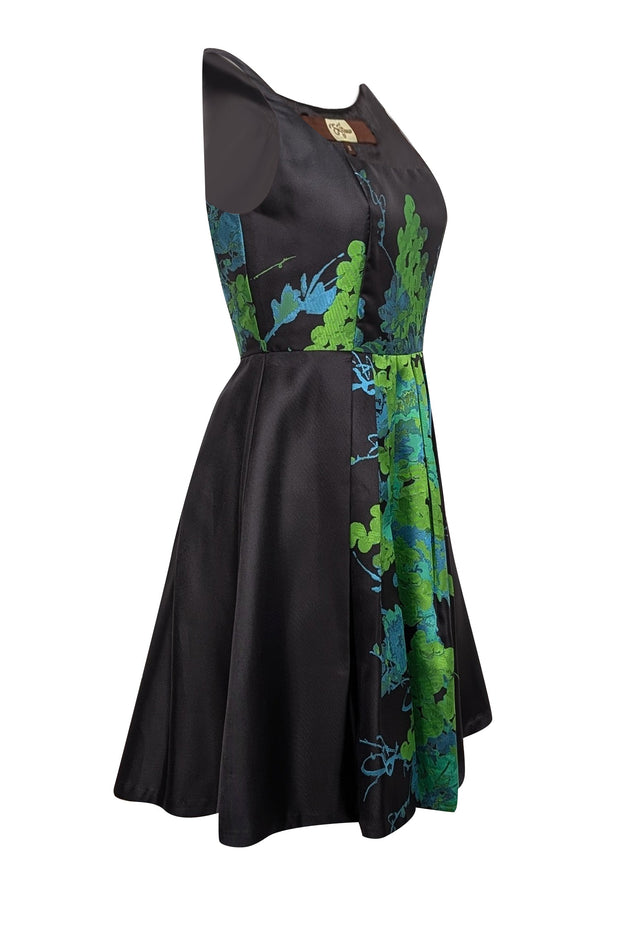 Current Boutique-Eva Franco - Black, Green, & Blue Brocade Print Sleeveless Dress Sz 2