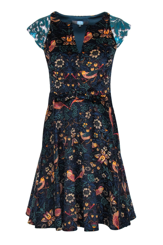 Current Boutique-Eva Franco - Navy Floral Bird Print Corduroy Dress Sz 6