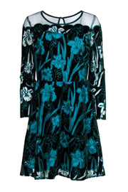 Current Boutique-Eva Franco - Teal Velvet Floral "Lily" Mini Dress Sz 6