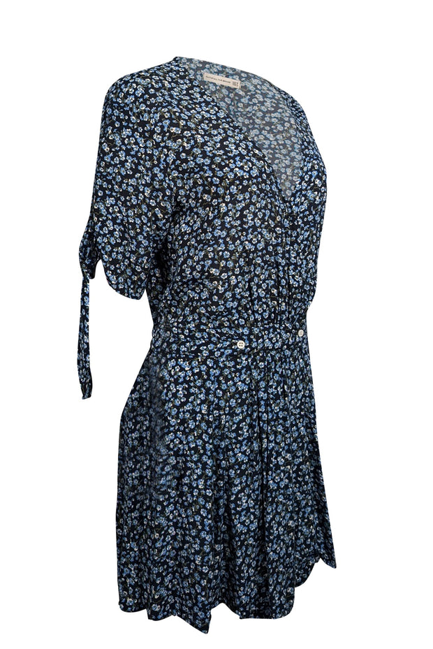 Current Boutique-Faithfull the Brand - Black w/ Blue Floral Print Mini Wrap Dress Sz 6