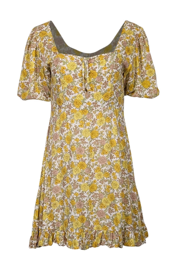 Current Boutique-Faithfull the Brand - White & Yellow Floral Print Puff Sleeve Mini Dress Sz 6