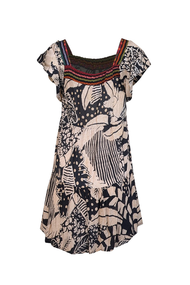 Current Boutique-Farm - Beige & Black Leaf Print Flutter Sleeve Mini Dress Sz P