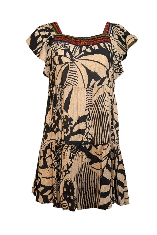 Current Boutique-Farm - Beige & Black Leaf Print Flutter Sleeve Mini Dress Sz P