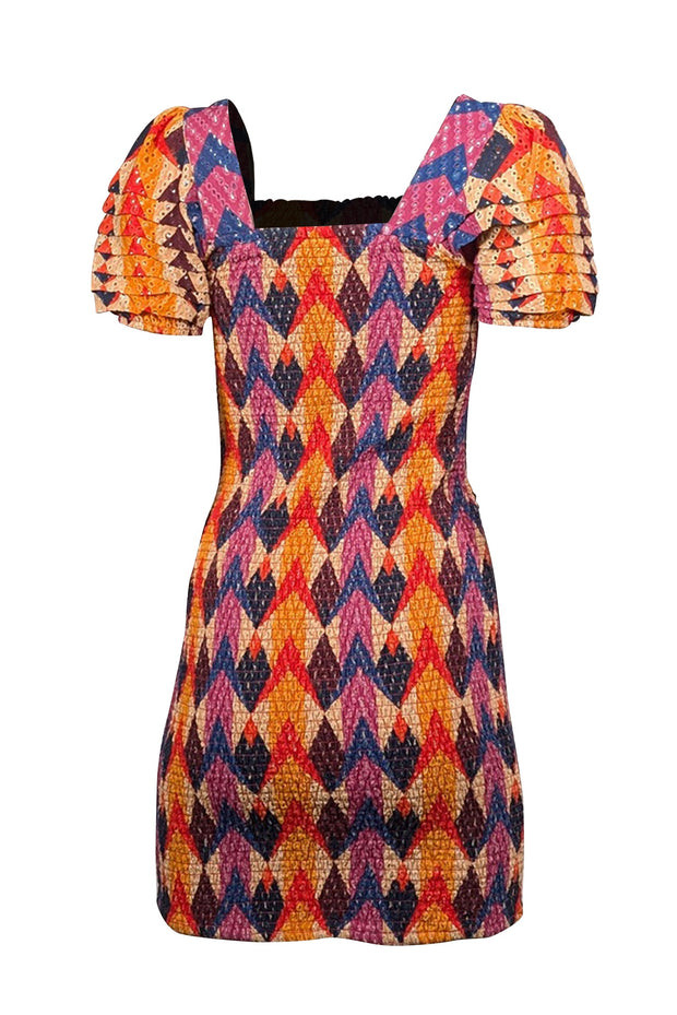 Current Boutique-Farm - Beige, Orange, Purple, & Blue Print Smocked Dress Sz S