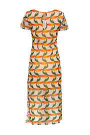 Current Boutique-Farm - Beige w/ Orange & Green Sun Print Ruched Midi Dress Sz XS