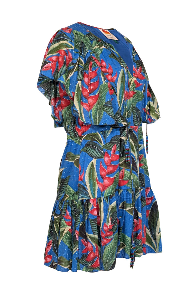 Current Boutique-Farm - Blue w/ Green & Red Botanical Print Swiss Dot Mini Dress Sz L