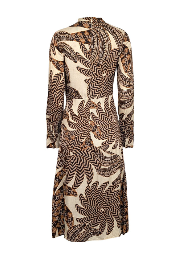 Current Boutique-Farm - Cream, Gold, & Black Print Long Sleeve Midi Dress Sz S