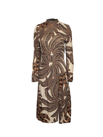 Current Boutique-Farm - Cream, Gold, & Black Print Long Sleeve Midi Dress Sz S