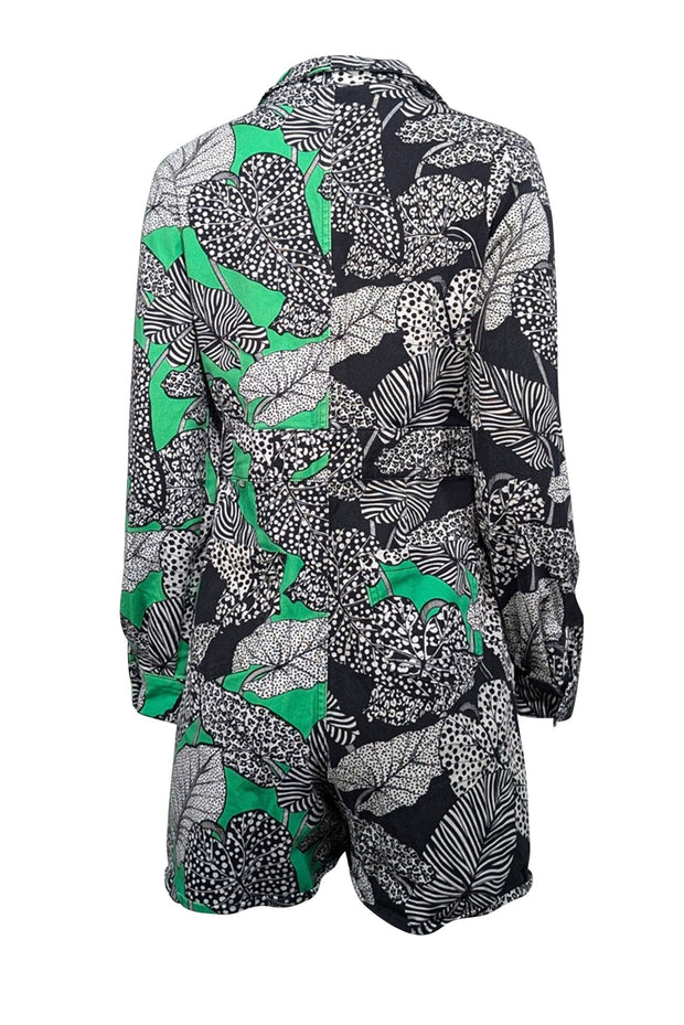 Current Boutique-Farm - Green, Black, & White Foliage Print Denim Romper Sz S