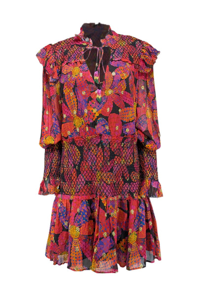 Current Boutique-Farm - Orange, Pink, Purple, Black, & Gold Print Smocked Dress Sz L