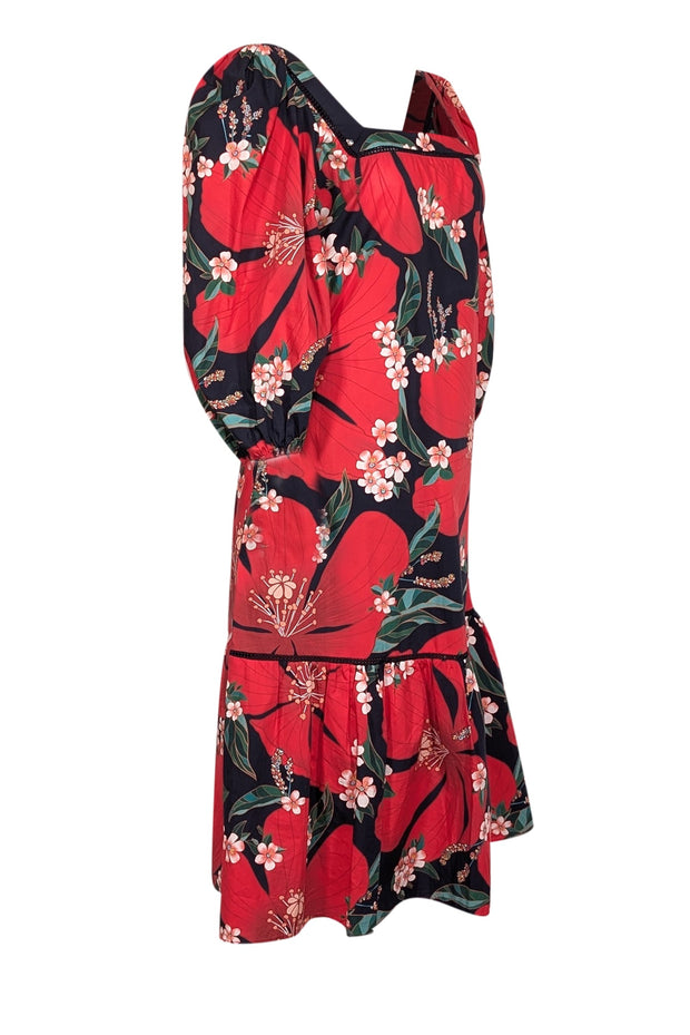 Current Boutique-Farm - Red, Navy & Green Floral Print Cotton Midi Dress Sz S