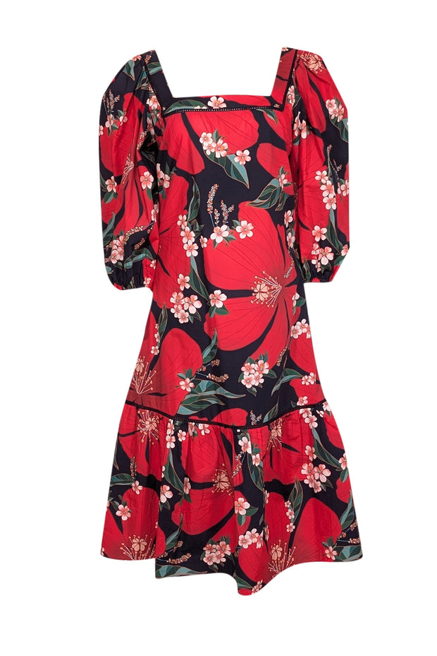 Current Boutique-Farm - Red, Navy & Green Floral Print Cotton Midi Dress Sz S