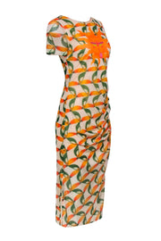 Current Boutique-Farm Rio - Beige w/ Orange & Green Sun Print Ruched Midi Dress Sz XS