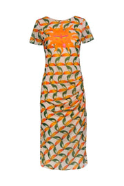 Current Boutique-Farm Rio - Beige w/ Orange & Green Sun Print Ruched Midi Dress Sz XS