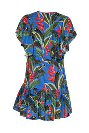 Current Boutique-Farm Rio - Blue w/ Green & Red Botanical Print Swiss Dot Mini Dress Sz L