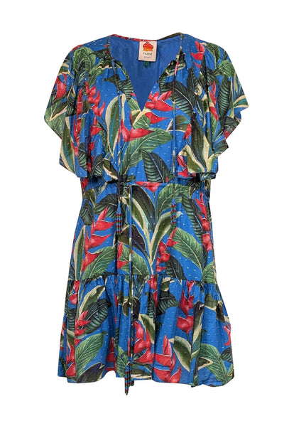 Current Boutique-Farm Rio - Blue w/ Green & Red Botanical Print Swiss Dot Mini Dress Sz L