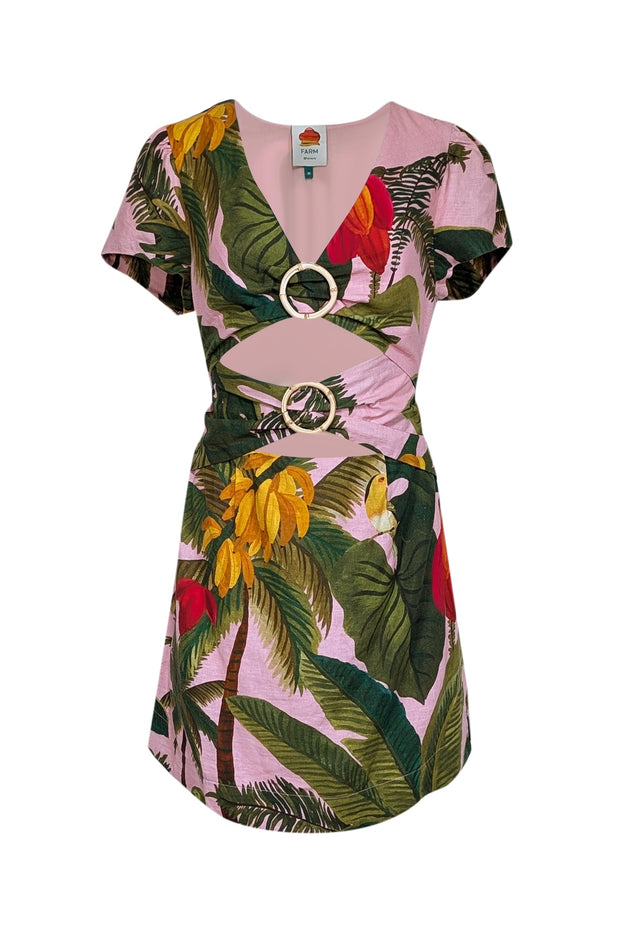 Current Boutique-Farm Rio - Pink & Green Tropical Print Linen Blend Mini Dress Sz M