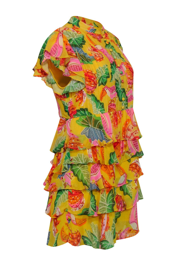 Current Boutique-Farm Rio - Yellow Tropical "Beaks & Bananas" Print Ruffle Mini Dress Sz S