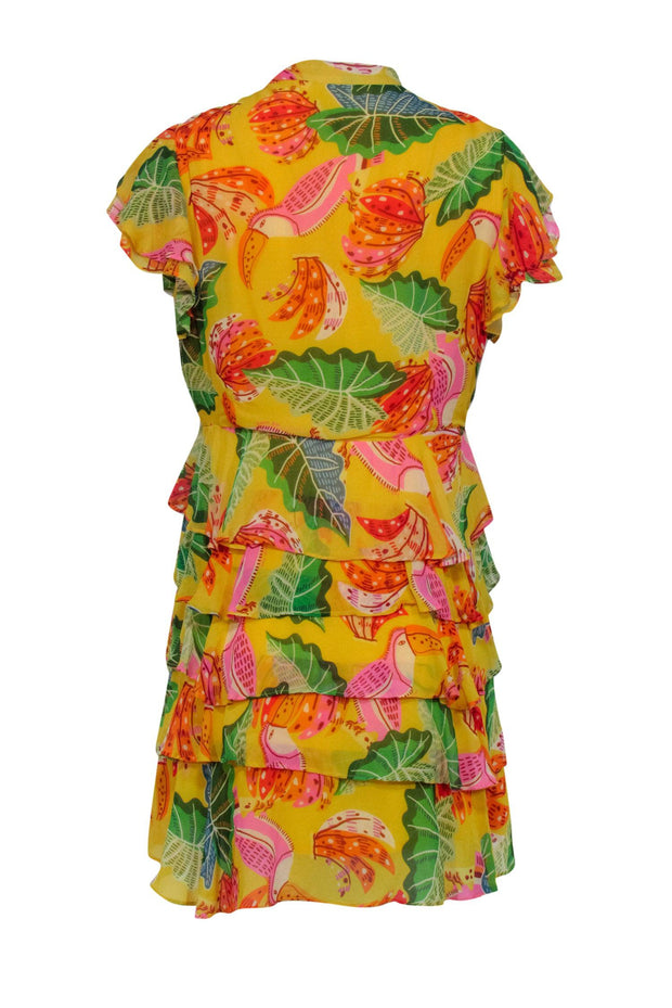 Current Boutique-Farm Rio - Yellow Tropical "Beaks & Bananas" Print Ruffle Mini Dress Sz S