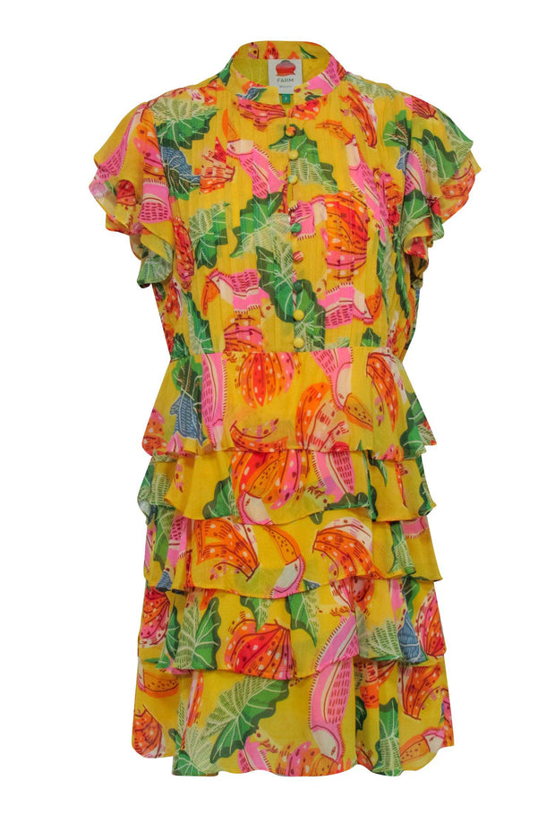 Current Boutique-Farm Rio - Yellow Tropical "Beaks & Bananas" Print Ruffle Mini Dress Sz S