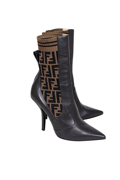 Current Boutique-Fendi - Brown Leather & Monogram "FF" Knit Short Boots Sz 11