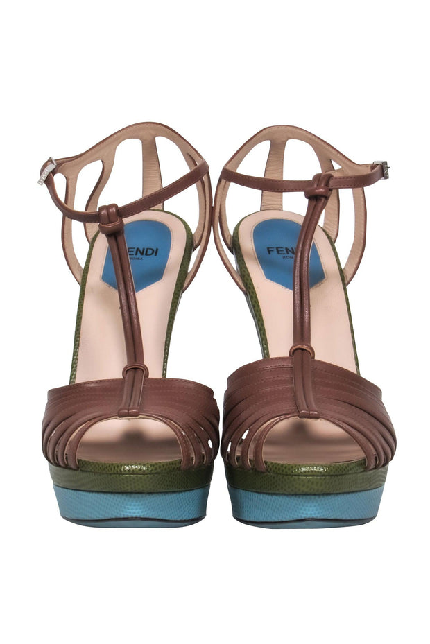 Current Boutique-Fendi - Brown w/ Green & Blue Snakeskin Embossed Leather Stiletto Sz 9