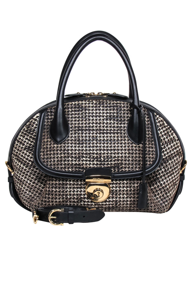 Current Boutique-Ferragamo - Black, Brown, & Cream Laser Cut Print Satchel Bag