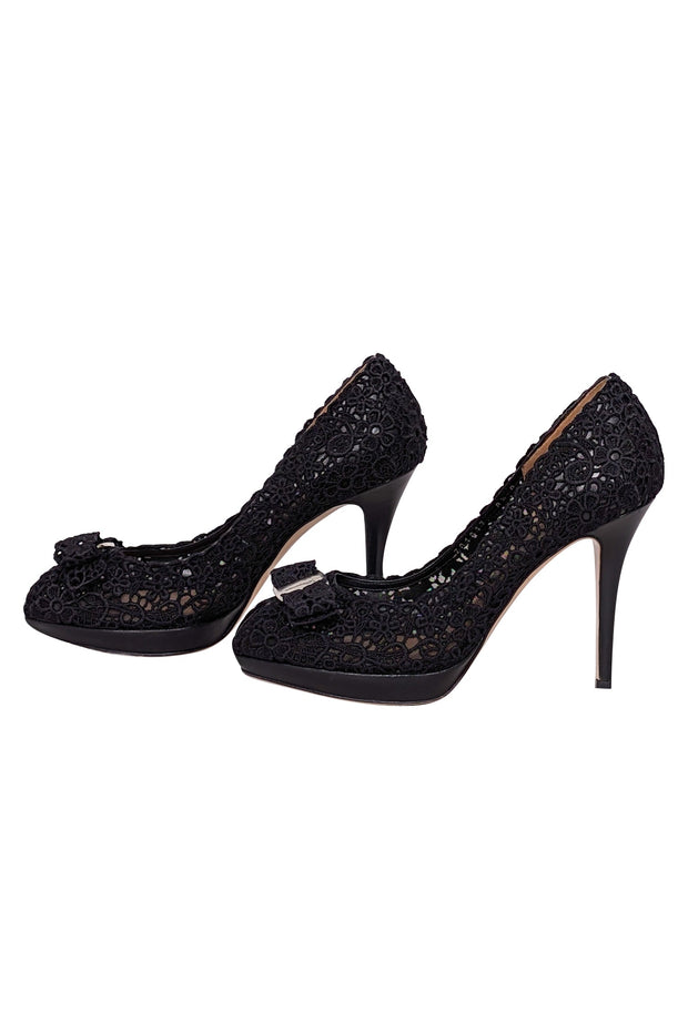 Current Boutique-Ferragamo - Black Eyelet Lace Peep Toe Pumps Sz 8.5