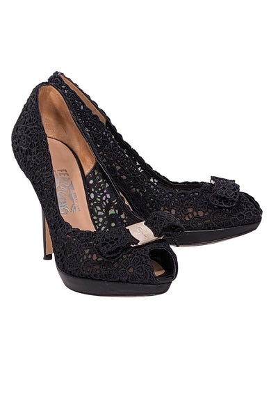 Current Boutique-Ferragamo - Black Eyelet Lace Peep Toe Pumps Sz 8.5