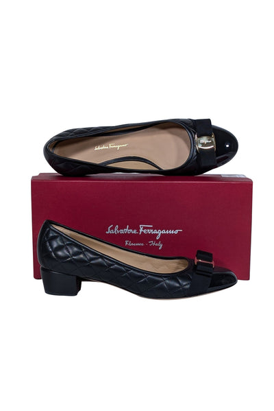 Current Boutique-Ferragamo - Black Leather Quilted Bow Toe Basic Pumps Sz 10.5