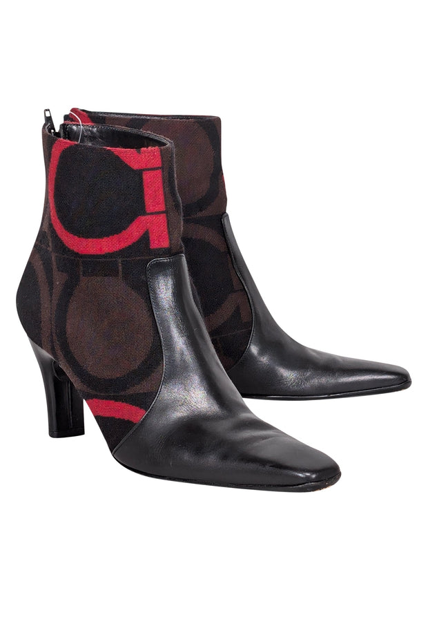 Current Boutique-Ferragamo - Black Leather w/ Brown & Red Print Detail Short Boots Sz 9