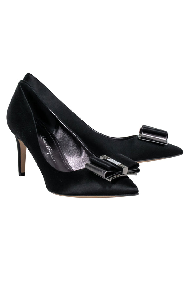 Current Boutique-Ferragamo - Black Satin Bow Toe Pumps Sz 8