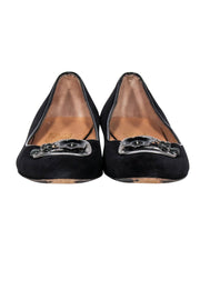 Current Boutique-Ferragamo - Black Suede Ballet Flats w/ Floral Decorative Toe Detail Sz 7.5