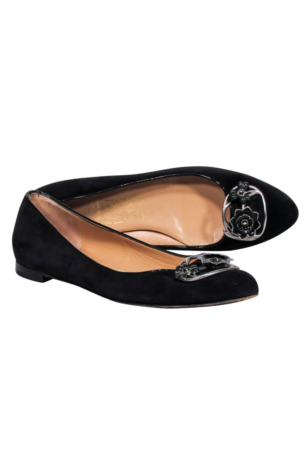 Current Boutique-Ferragamo - Black Suede Ballet Flats w/ Floral Decorative Toe Detail Sz 7.5