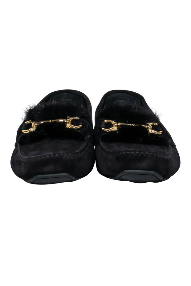 Current Boutique-Ferragamo - Black Suede Loafers w/ Mink Trim and Gold Details Sz 11