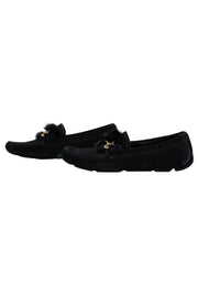 Current Boutique-Ferragamo - Black Suede Loafers w/ Mink Trim and Gold Details Sz 11