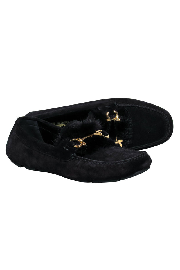 Current Boutique-Ferragamo - Black Suede Loafers w/ Mink Trim and Gold Details Sz 11