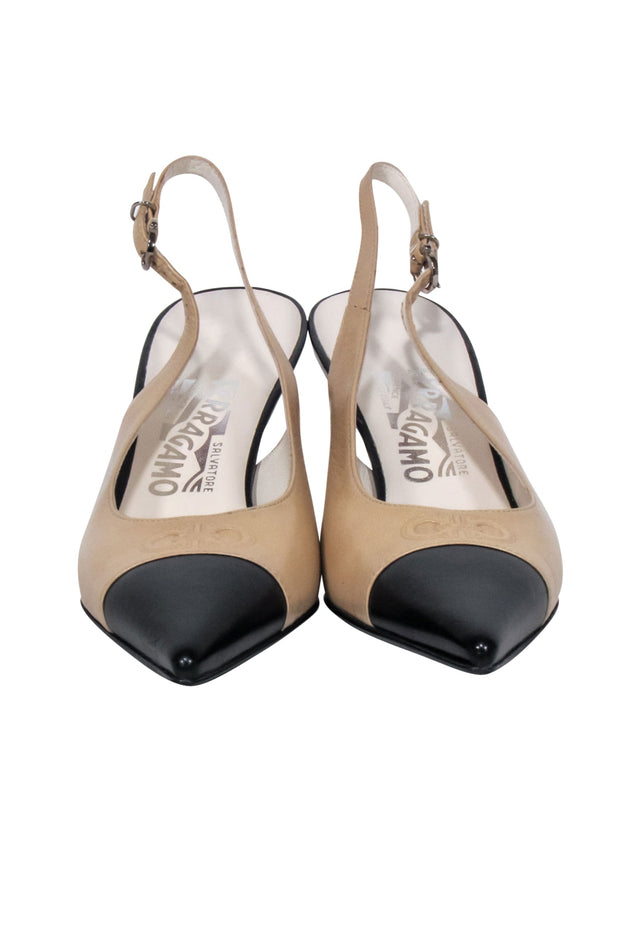 Current Boutique-Ferragamo - Cream & Black Cap Toe Slingback Pumps Sz 6.5