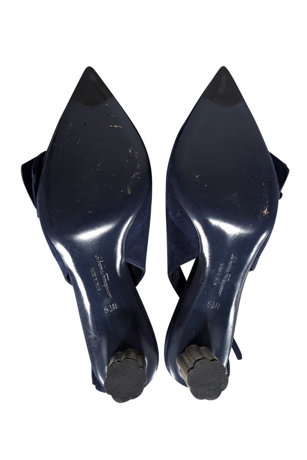 Current Boutique-Ferragamo - Navy Suede Bow Toe Sling Back Heels Sz 5.5